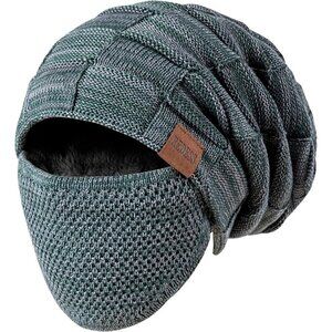 Men & Women Green Winter Warm Knit Slouchy Skull Cap with Face Cover